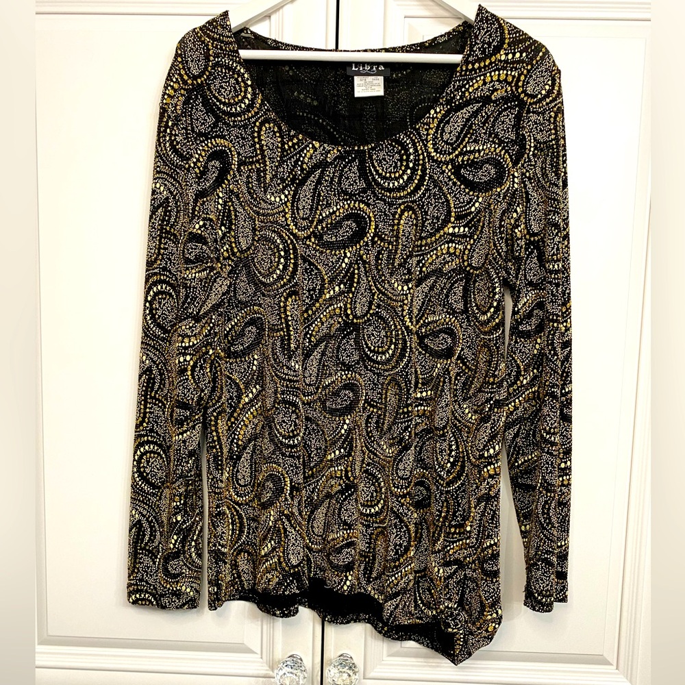 Libra Women’s Size XL Asymmetrical Gold Beaded Blouse Vent on Right Knot on Left